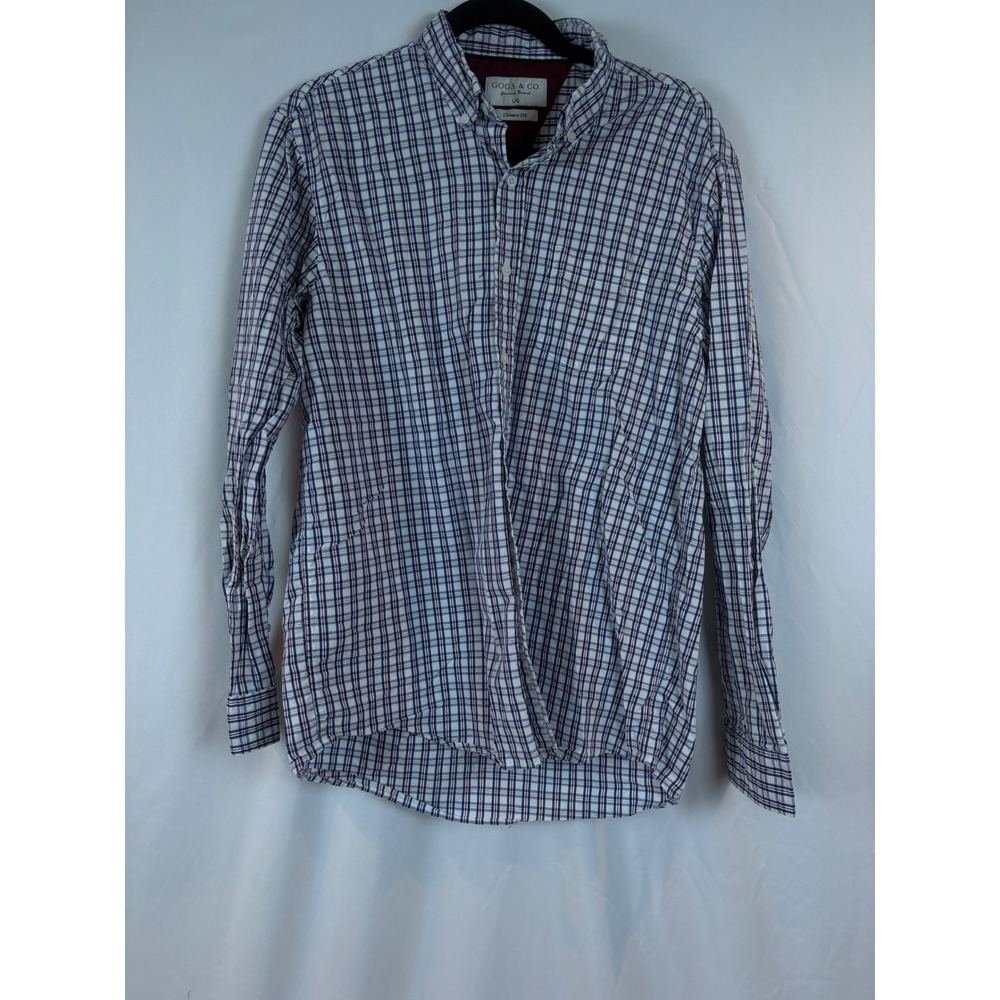 Goga & Co Mens Plaid Button Down Shirt Navy White Red‎ Classic Fit Large Cotton